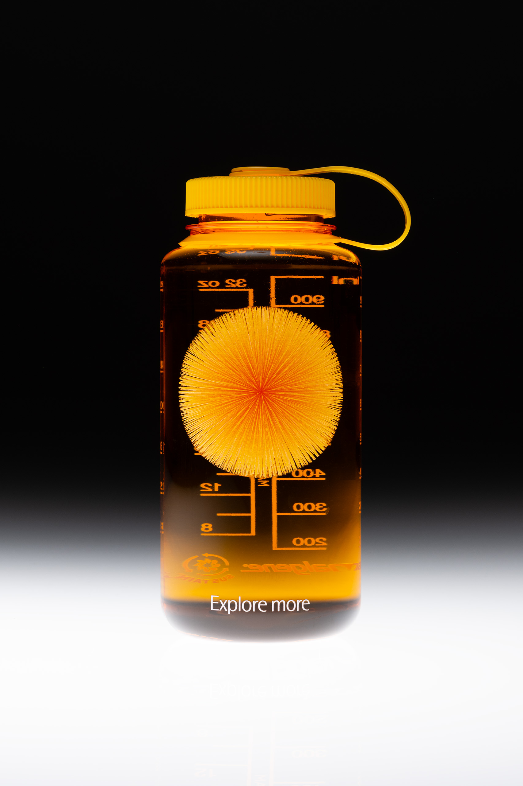 A radiant amber bottle basks in solitude, its visage graced by a geometric burst of sunlight trapped in glass. The vessel, crowned with a vivid yellow cap connected by a loop of the same sunny hue, stands as a beacon against the void. Upon its surface, a symphony of scientific markings—scales, numbers, and lines—whisper the language of precision. Below, a gentle glow casts a soft reflection, as if it’s resting upon the surface of a still midnight lake. Emblazoned at the base, an invitation in white, Explore more, suggests this is but a gateway to a universe of discovery, a single drop in the vast ocean of knowledge.