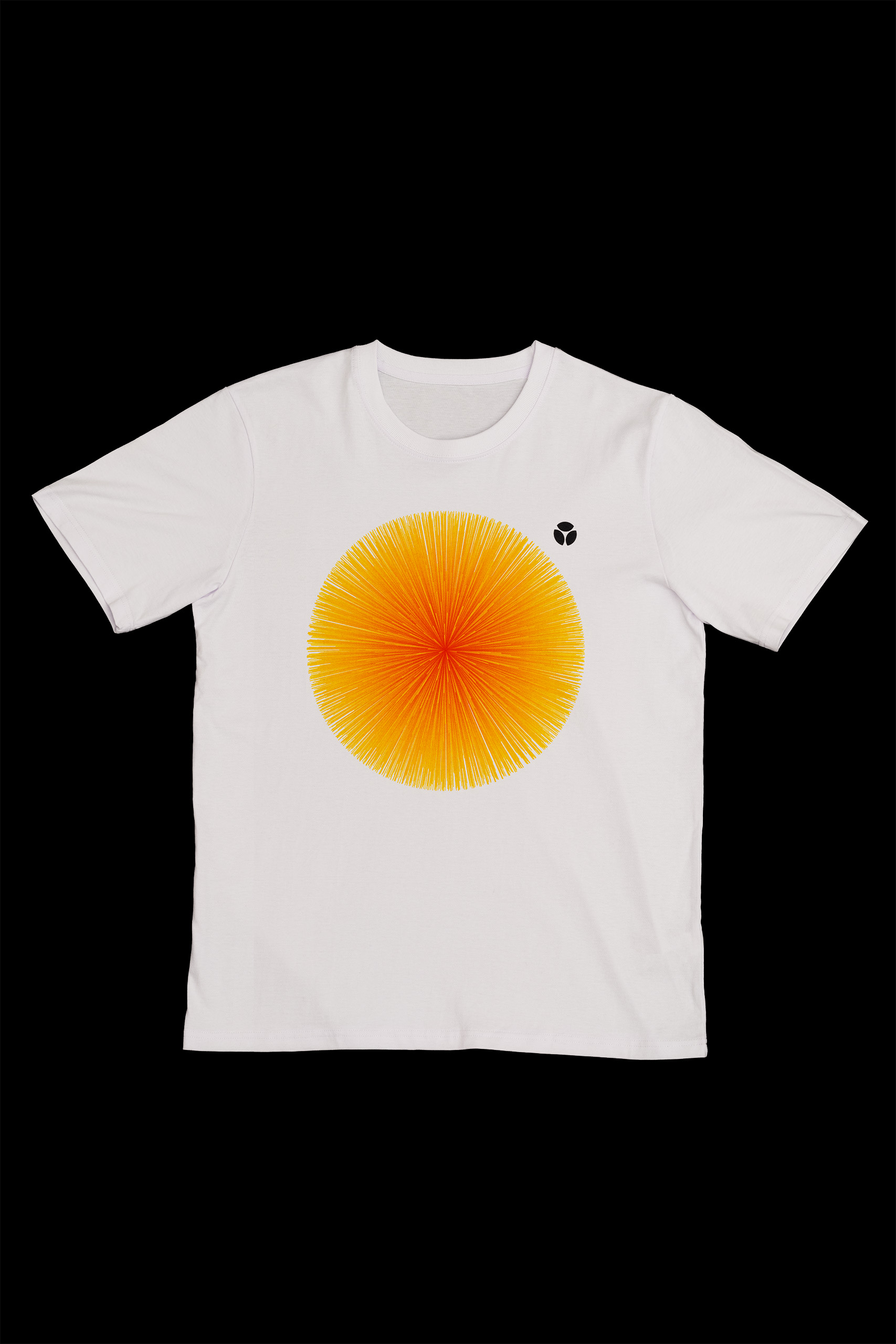 On a canvas of a white t-shirt, a medallion of orange and yellow unfurls in a radiant display, a fiery mimicry of the sun's own brilliance. Positioned centrally on the chest, this vibrant burst commands attention, its color a stark contrast to the garment's purity. Near the shirt’s hem, a small, twin-petaled emblem echoes the circular motif, a subtle companion to the bold centerpiece. The tee rests against the inky void, its form laid out flat, sleeves gently outstretched, ready to be enlivened by the wearer, to carry a piece of sunshine into the everyday.